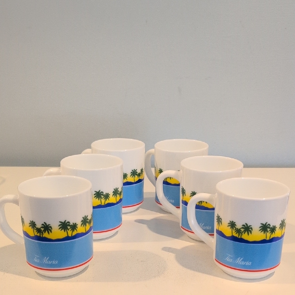 Vintage Arcopal Of France Six Tia Maria Milk Glass 8 Ounce Mugs